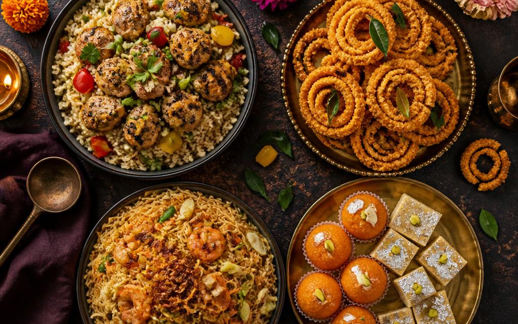 Rice bowl, fried noodles, murukku and Indian sweets served together