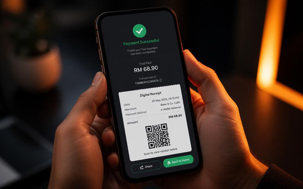 Phone showing a successful eWallet payment and digital receipt