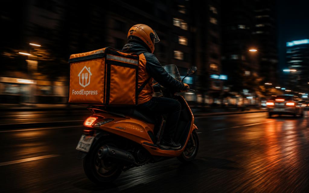 Delivery rider on an orange scooter riding through the city at night